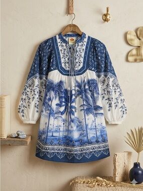 FARM Rio Blue Off White Palm Tree Linen Mini Dress Women’s XS NWT